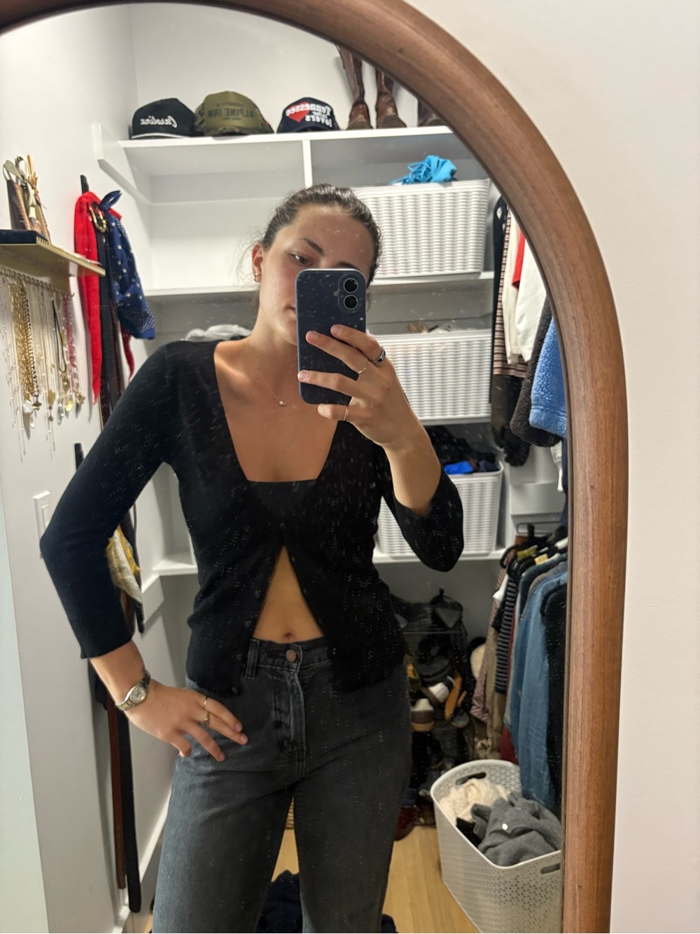 Black Square-Neck Button Cardigan Top